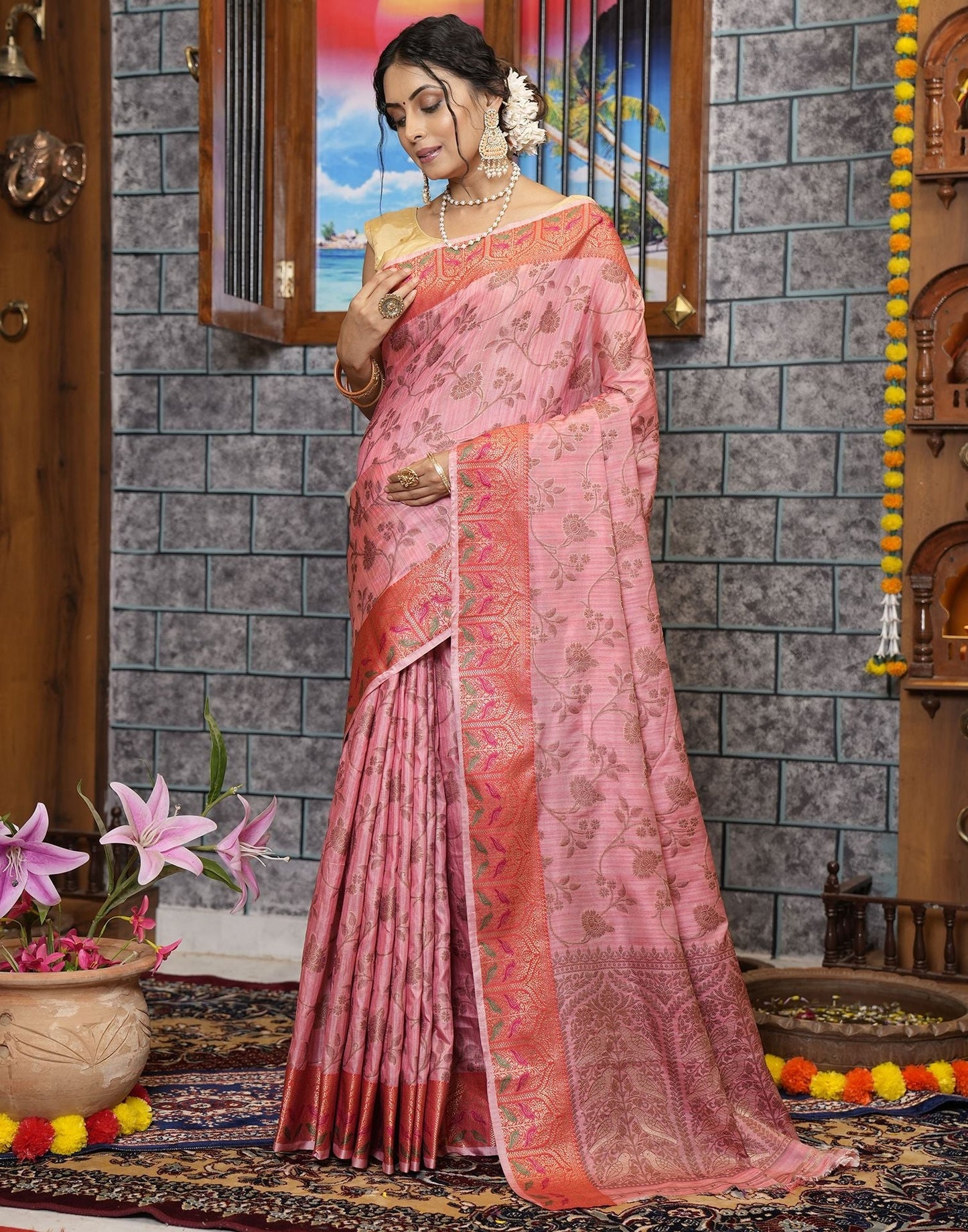 Pink Banarasi Silk Saree | Leemboodi