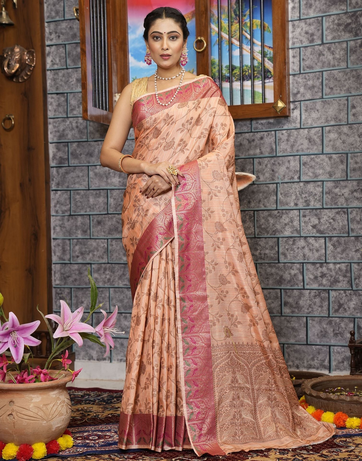 Peach Banarasi Silk Saree | Leemboodi