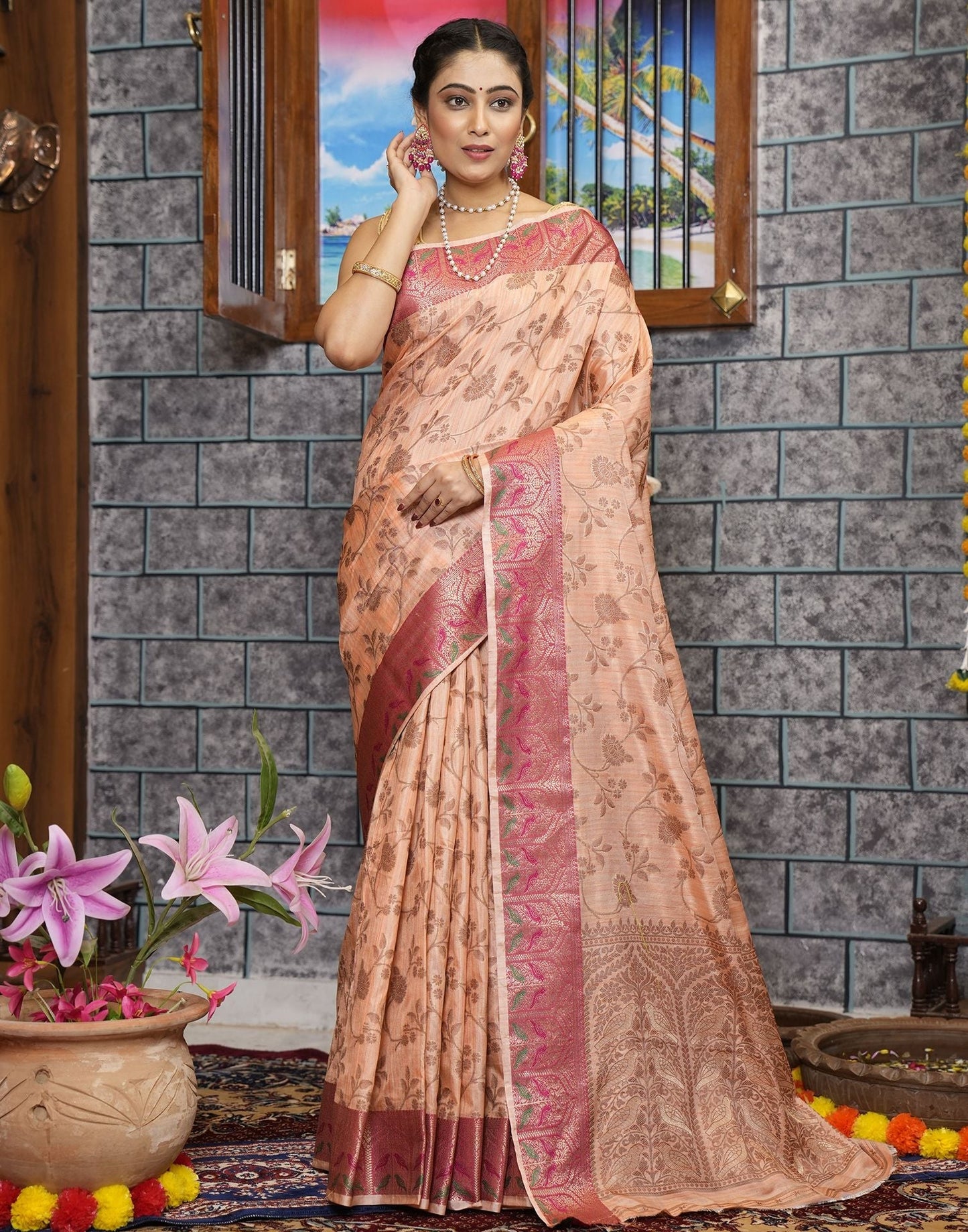 Peach Banarasi Silk Saree | Leemboodi