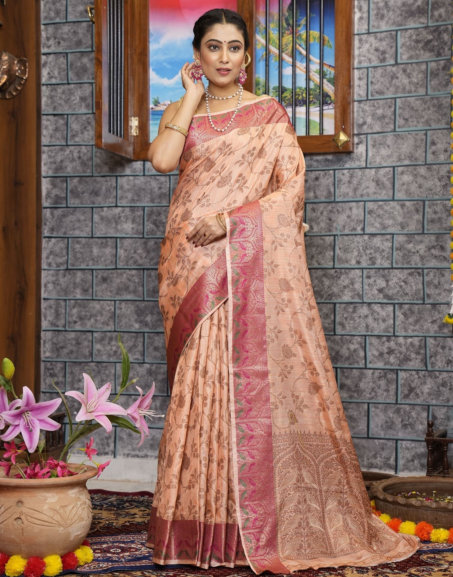 Peach Banarasi Silk Saree | Leemboodi