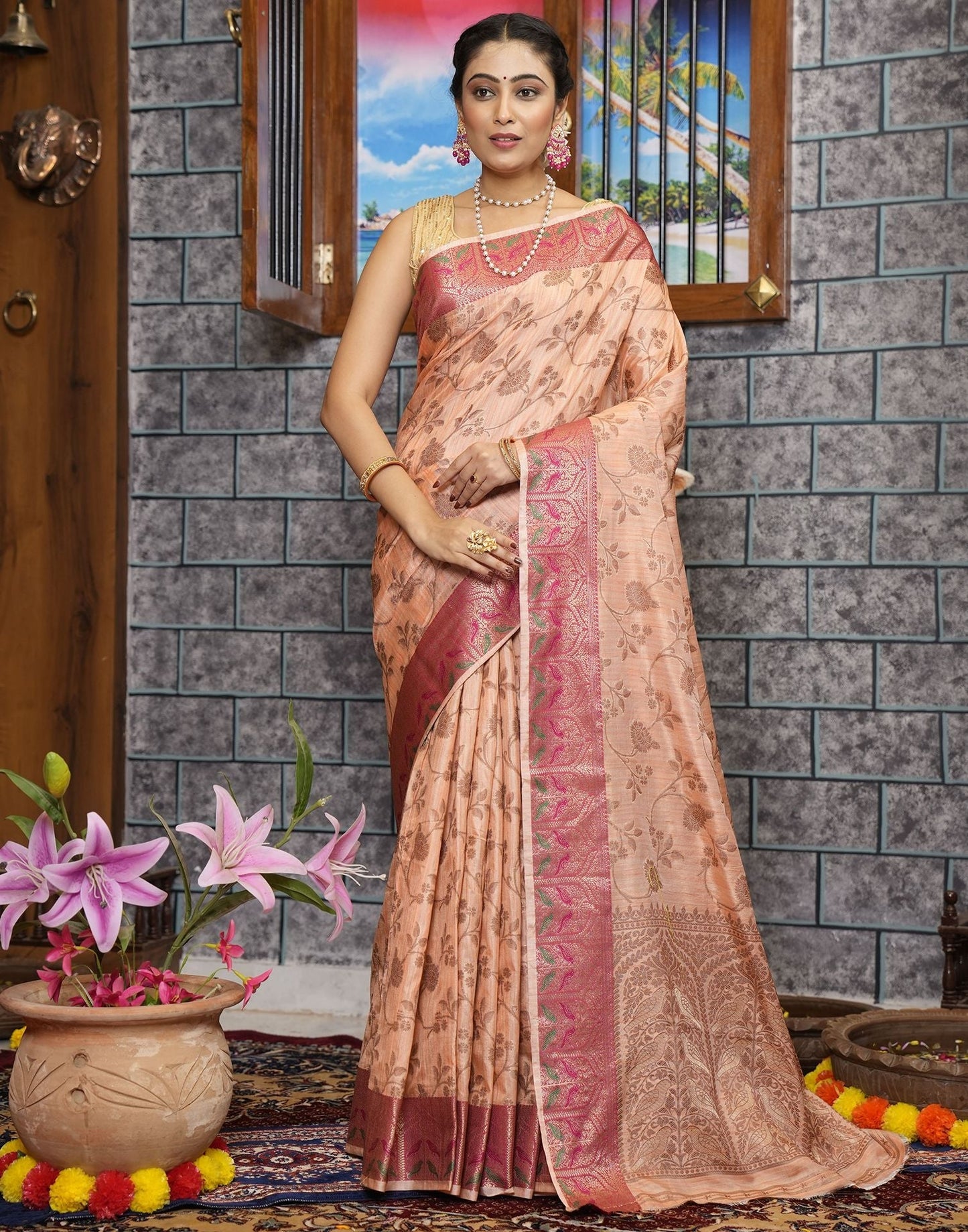 Peach Banarasi Silk Saree | Leemboodi