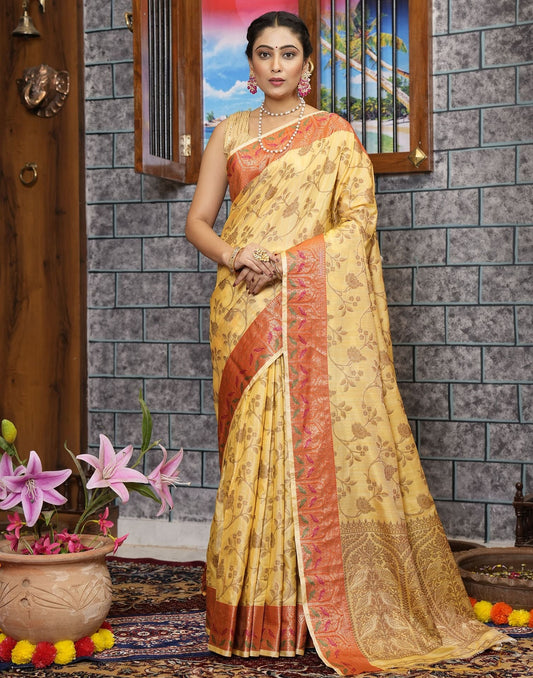 Light Yellow Banarasi Silk Saree | Leemboodi