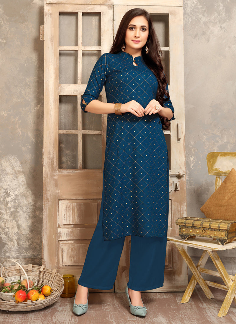 Favourable Navy Blue Coloured Foil Printed Rayon Kurti