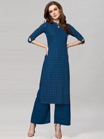 Favourable Navy Blue Coloured Foil Printed Rayon Kurti