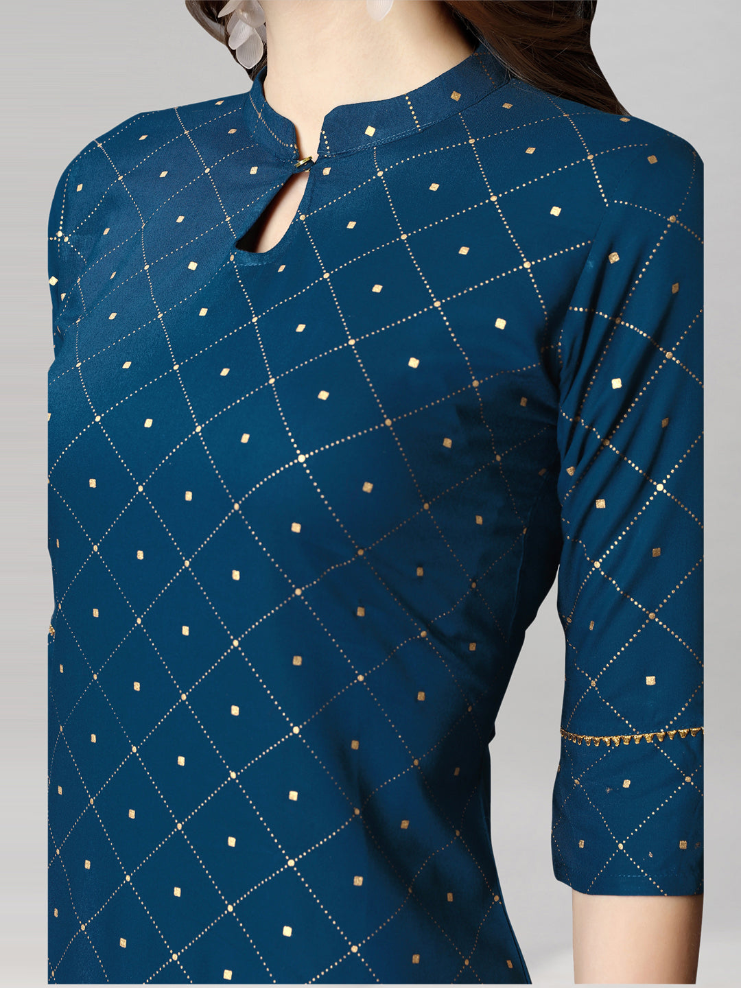 Favourable Navy Blue Coloured Foil Printed Rayon Kurti