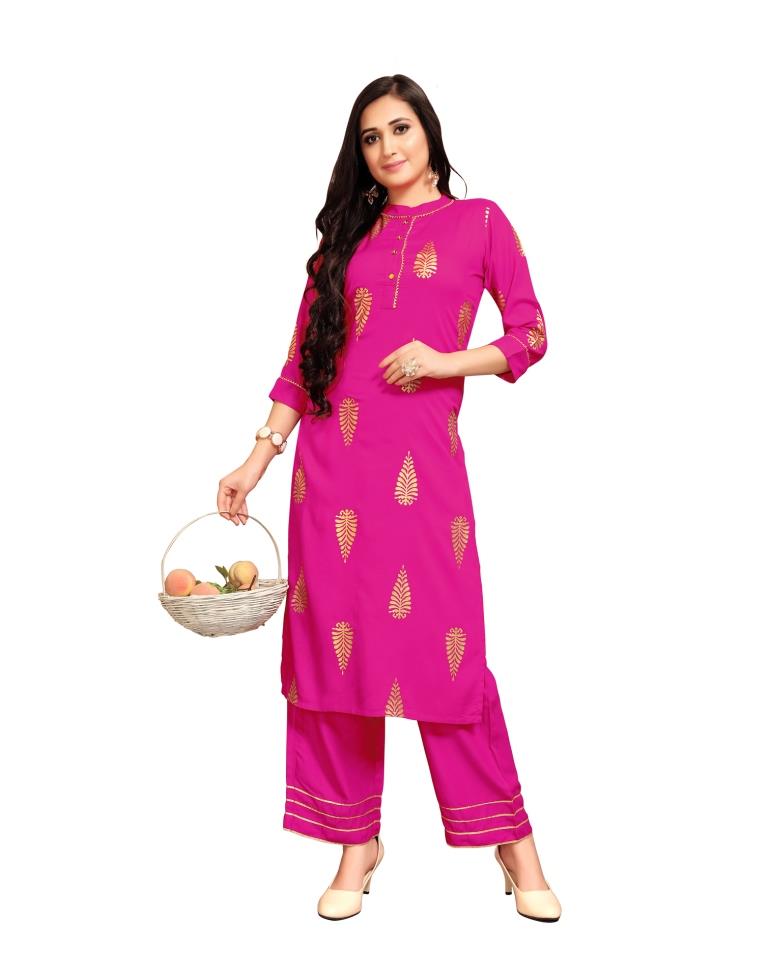 Pink Foil Printed Rayon Kurti | Leemboodi