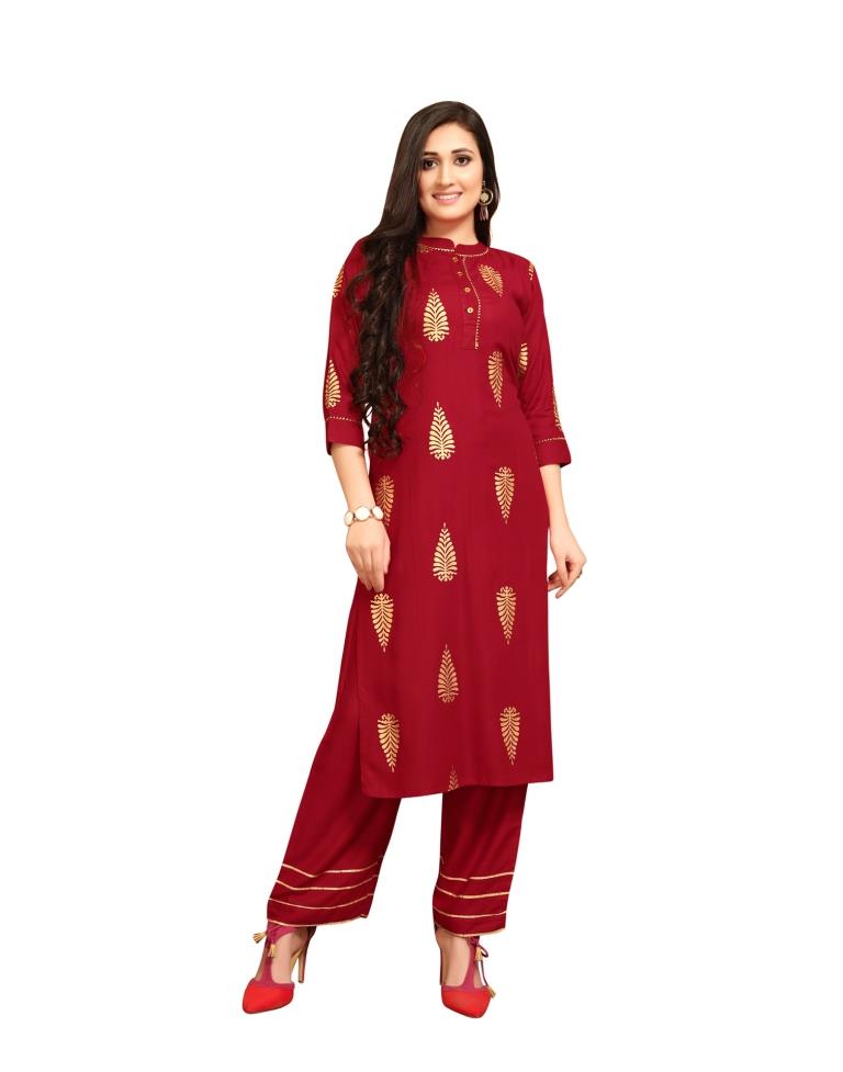 Flamboyant Maroon Coloured Foil Printed Rayon Kurti | Sudathi