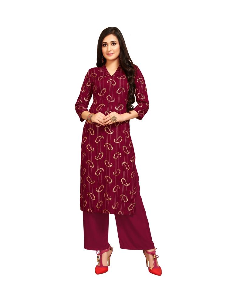 Epitome Maroon Coloured Foil Printed Rayon Kurti | Sudathi