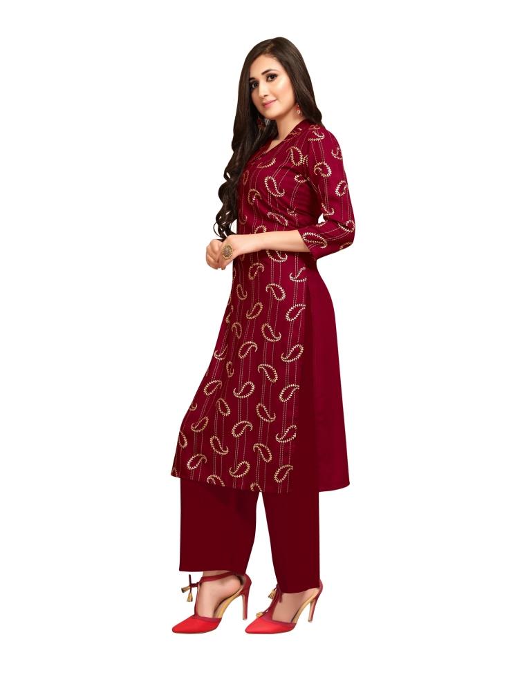 Epitome Maroon Coloured Foil Printed Rayon Kurti | Sudathi