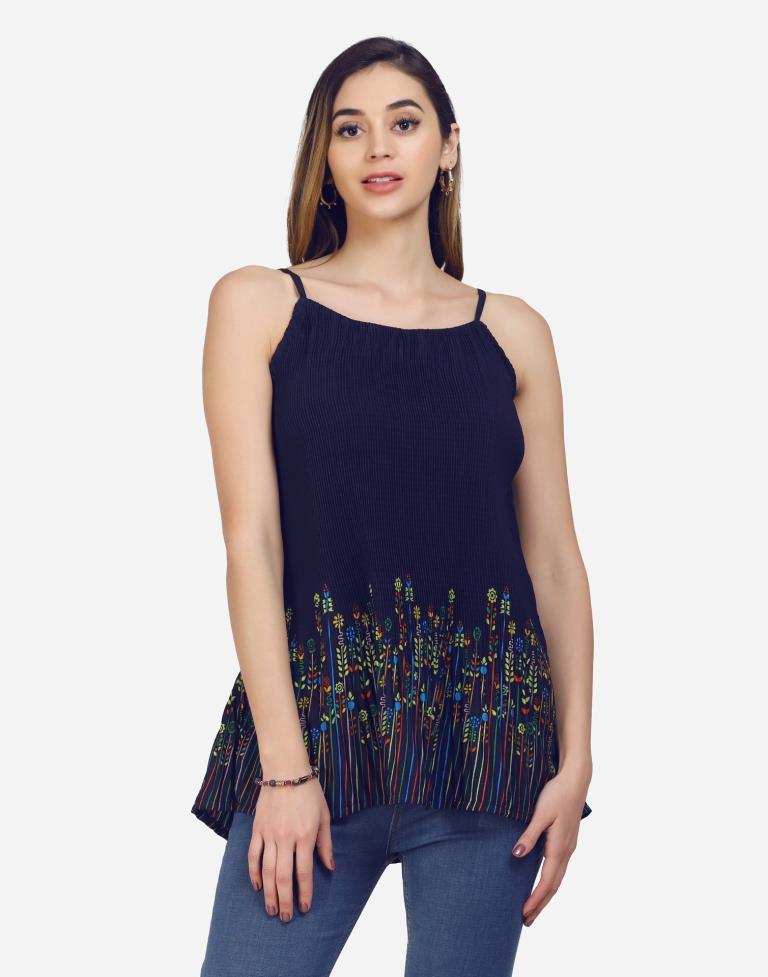 Navy Blue Coloured Crepe Printed Top | Sudathi