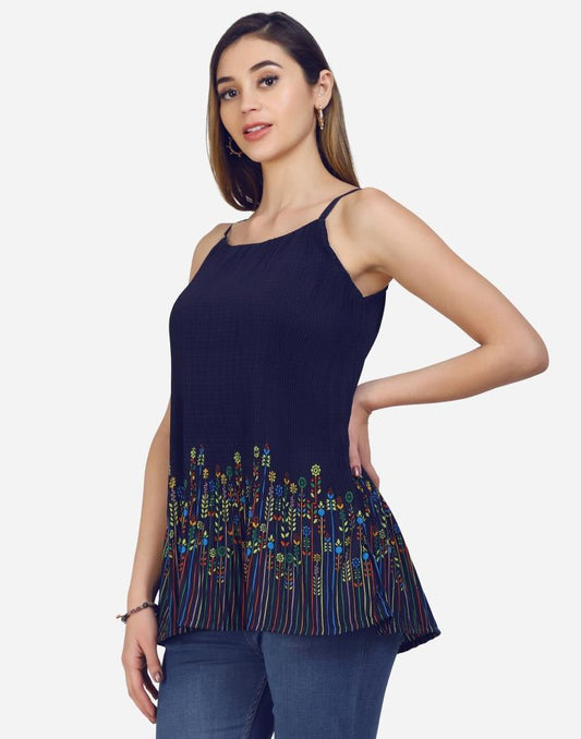 Navy Blue Coloured Crepe Printed Top | Sudathi