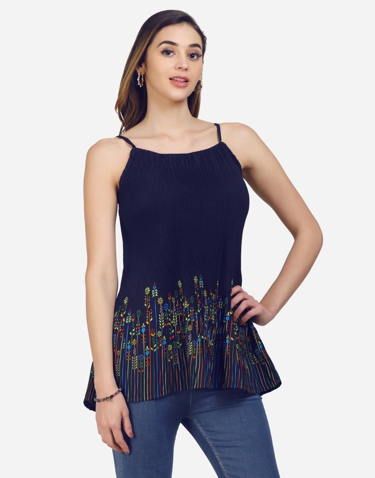 Navy Blue Coloured Crepe Printed Top | Sudathi