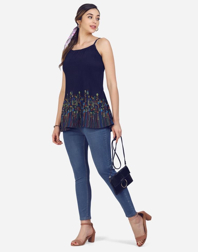 Navy Blue Coloured Crepe Printed Top | Sudathi