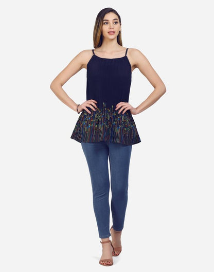 Navy Blue Coloured Crepe Printed Top | Sudathi