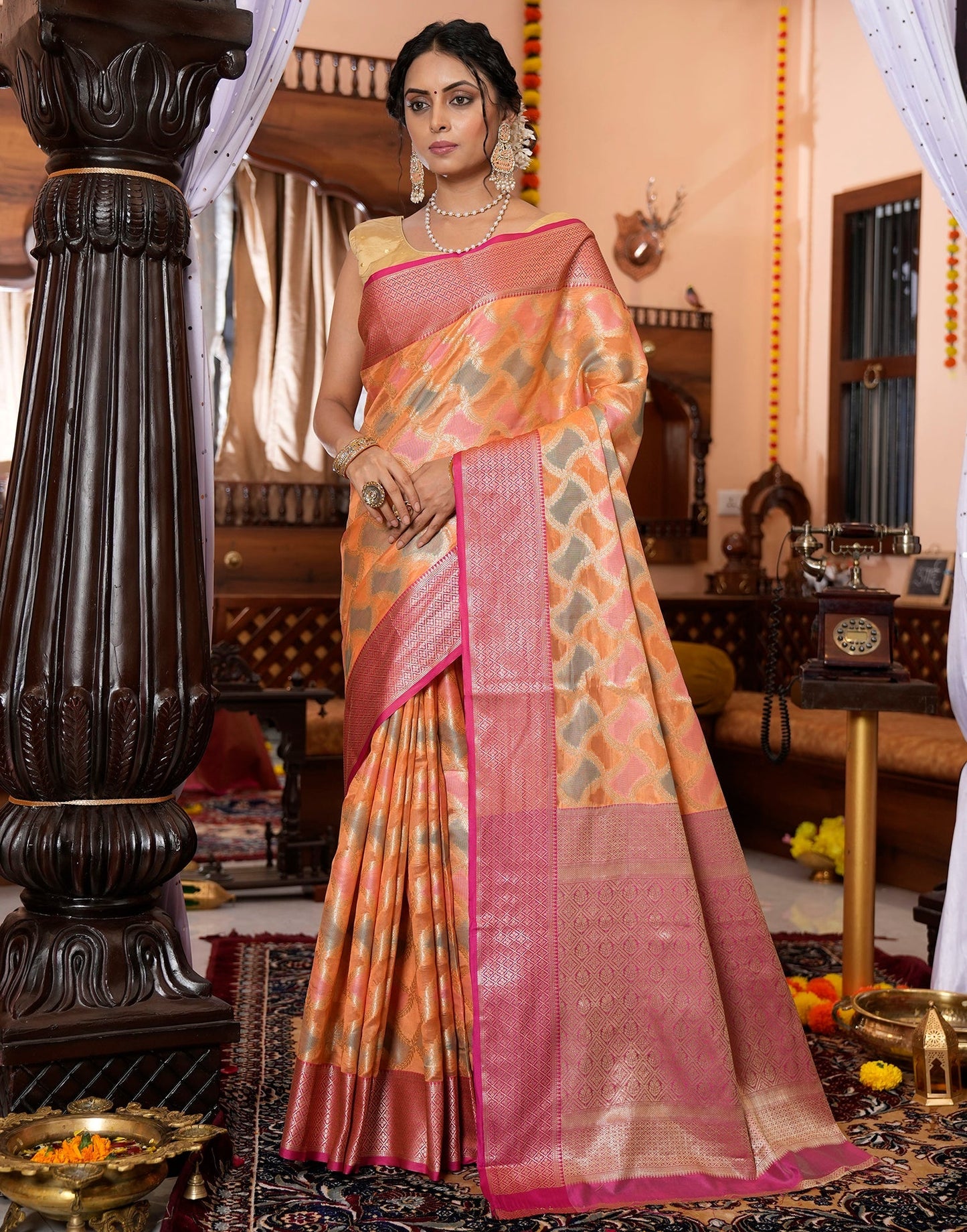 Orange Banarasi Silk Saree | Leemboodi