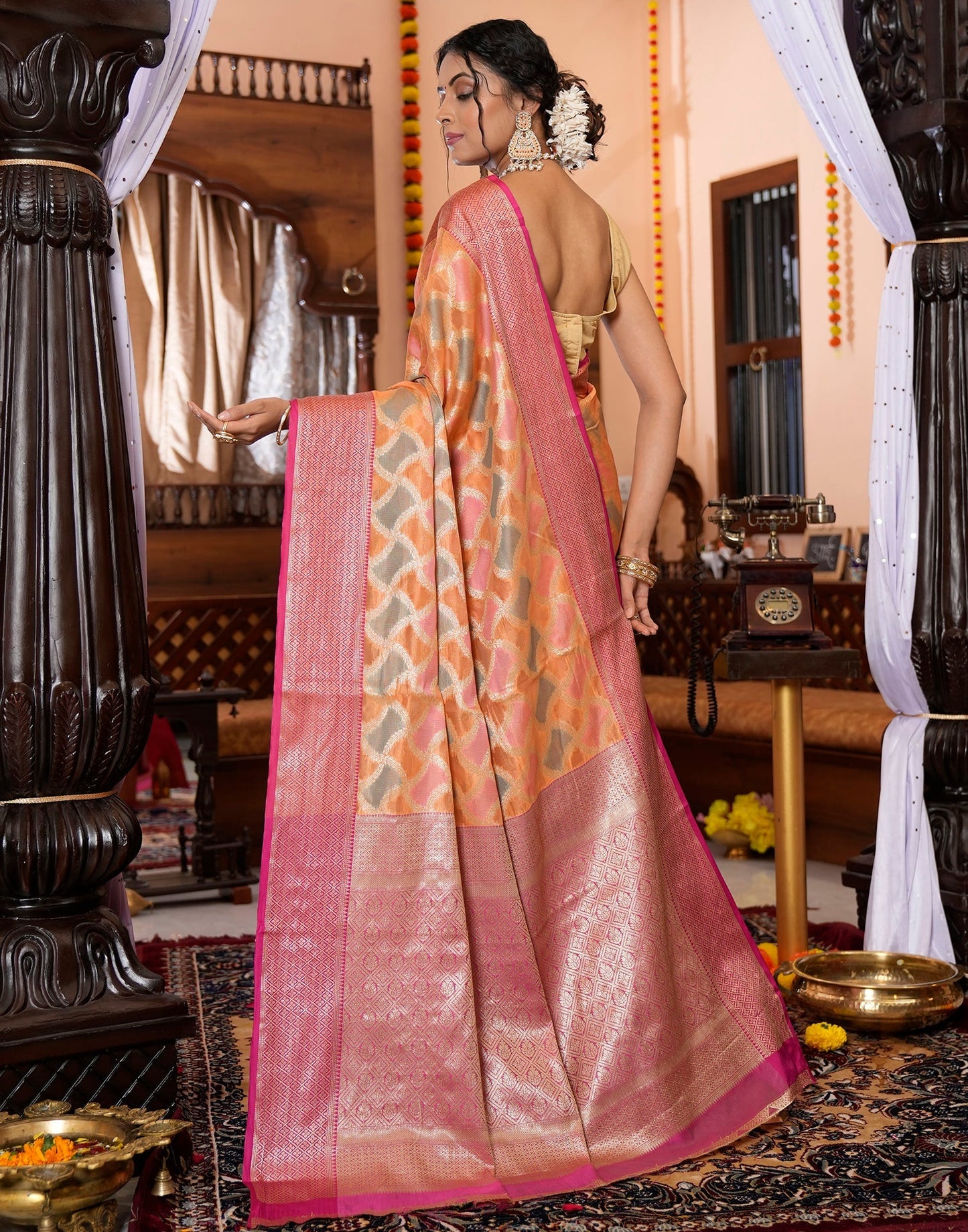 Orange Banarasi Silk Saree | Leemboodi