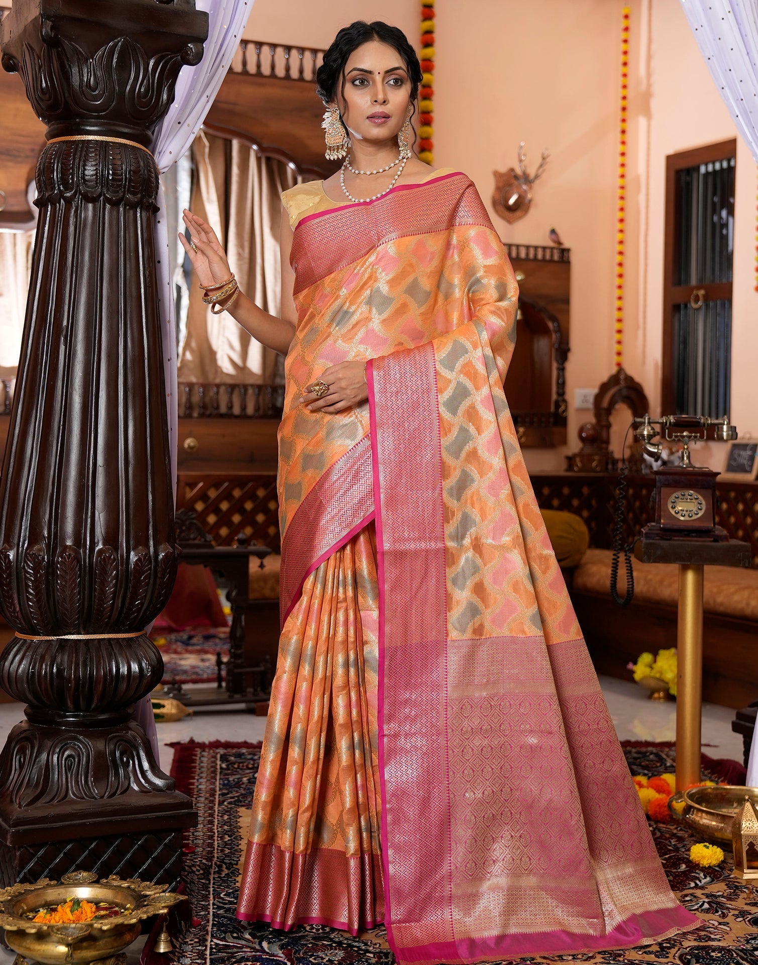 Orange Banarasi Silk Saree | Leemboodi