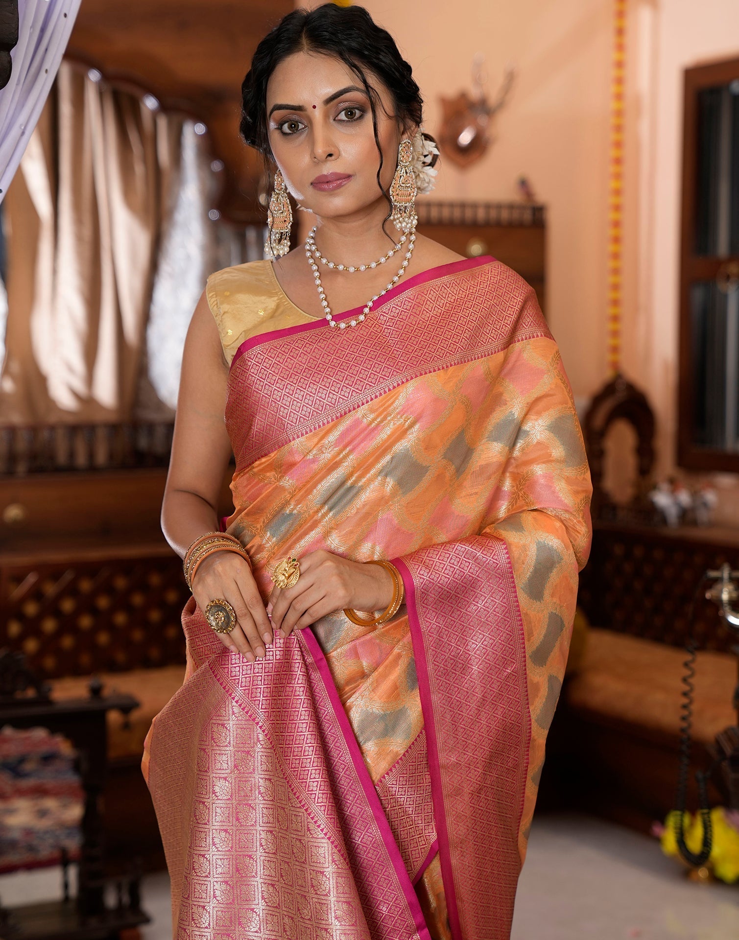 Orange Banarasi Silk Saree | Leemboodi