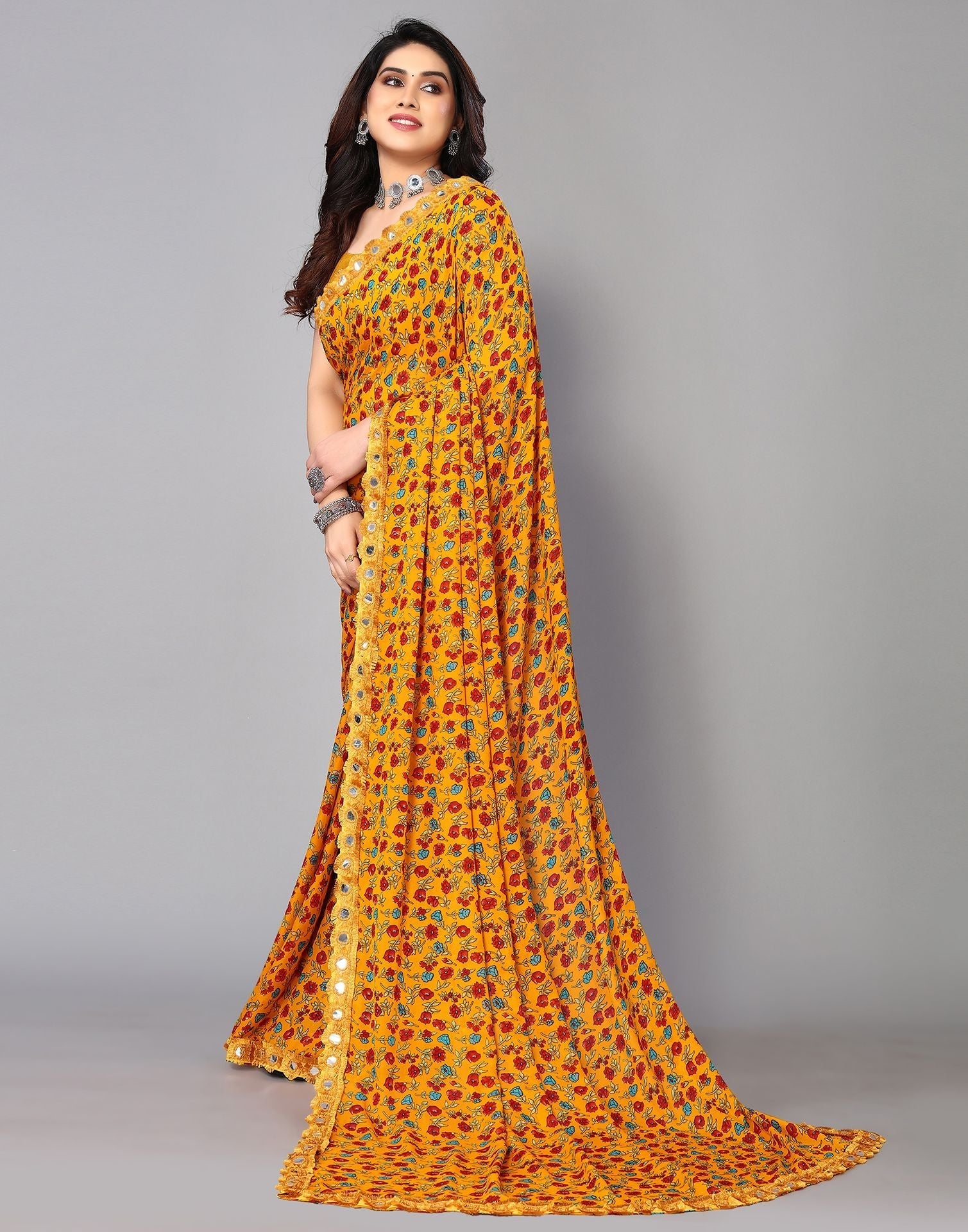 Orange Printed Saree | Sudathi
