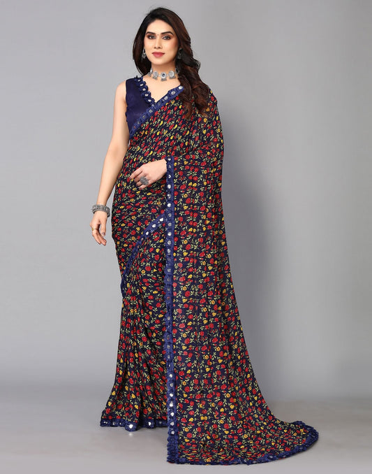 Navy Blue Printed Saree | Sudathi