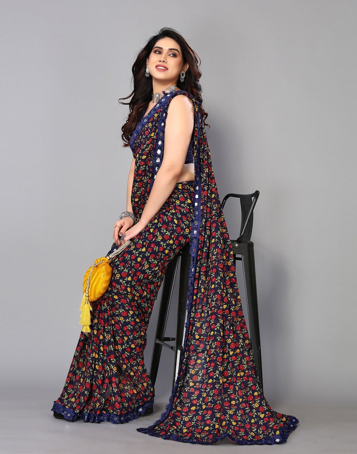 Navy Blue Printed Saree | Sudathi