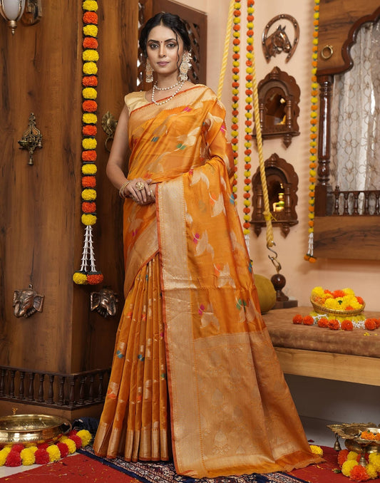 Orange Banarasi Silk Saree | Leemboodi