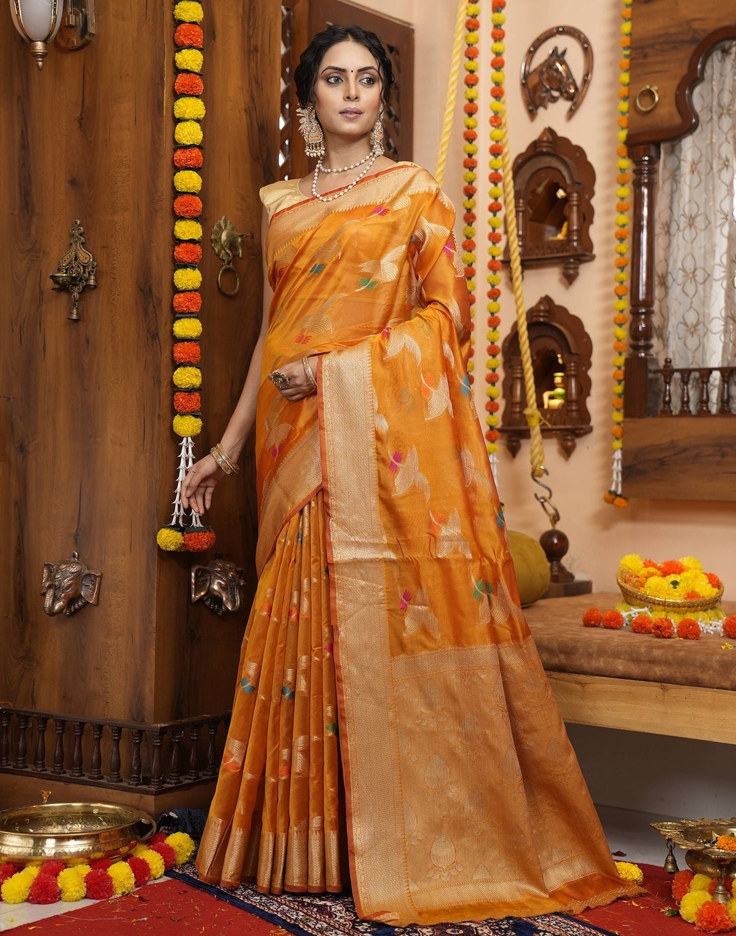 Orange Banarasi Silk Saree | Leemboodi
