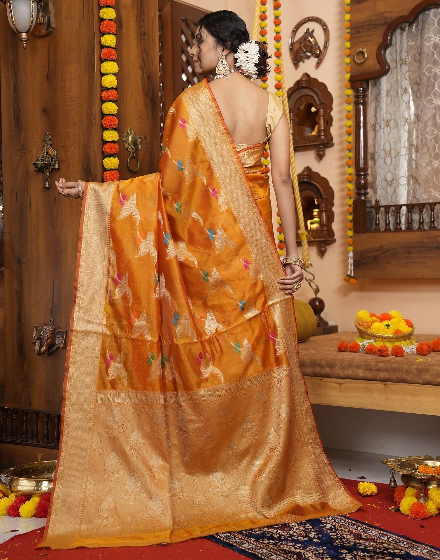 Orange Banarasi Silk Saree | Leemboodi