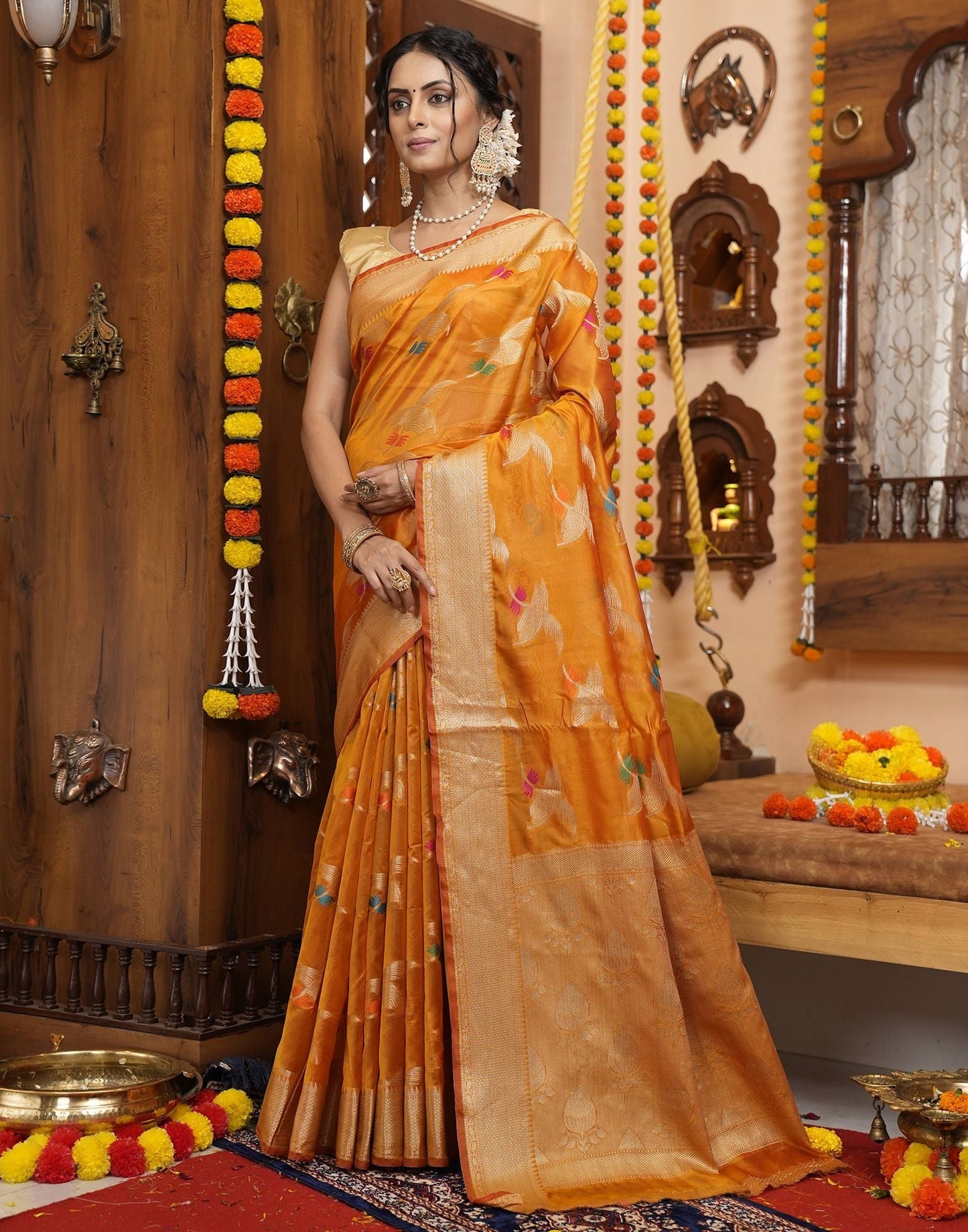 Orange Banarasi Silk Saree | Leemboodi