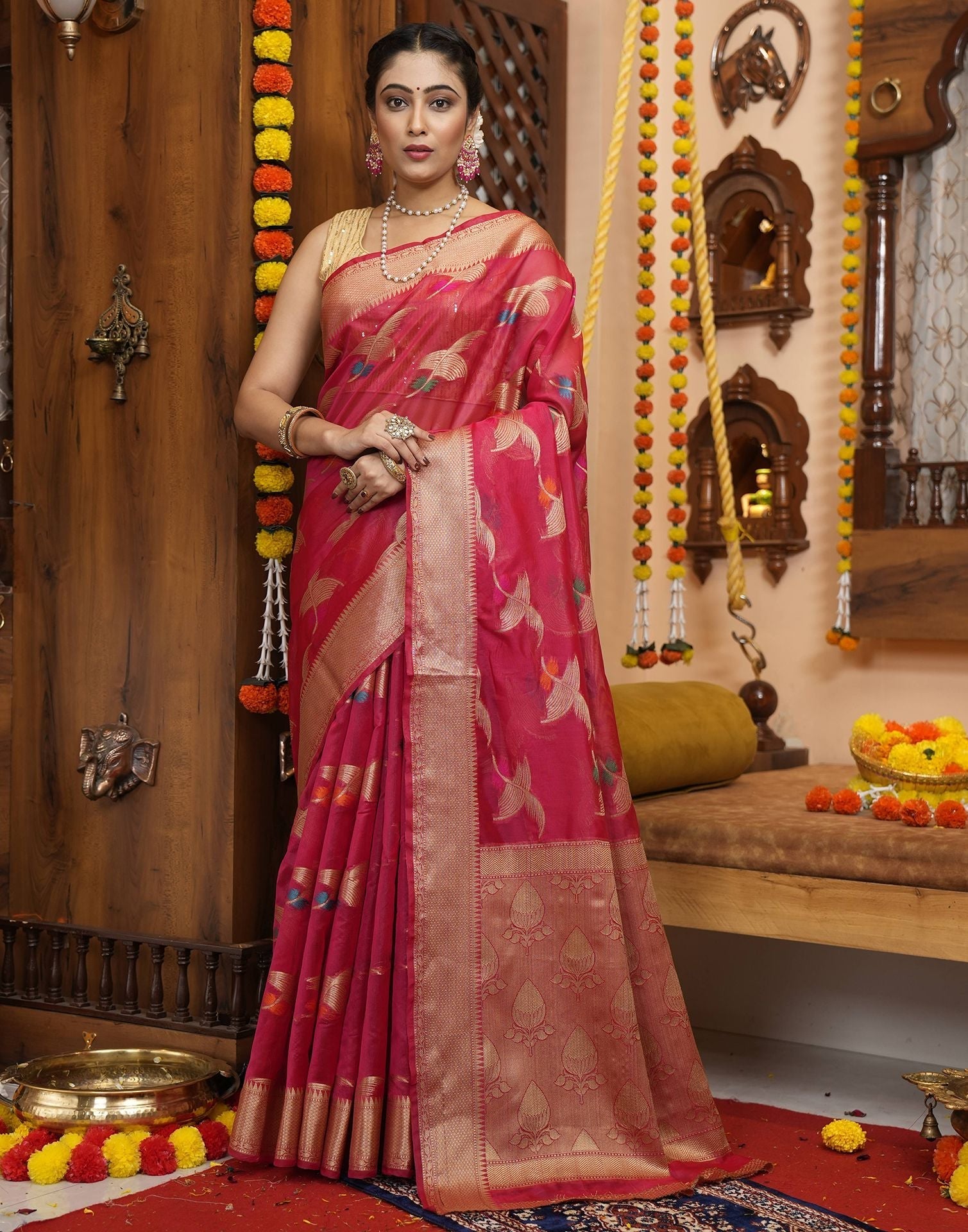 Dark Pink Banarasi Silk Saree | Leemboodi