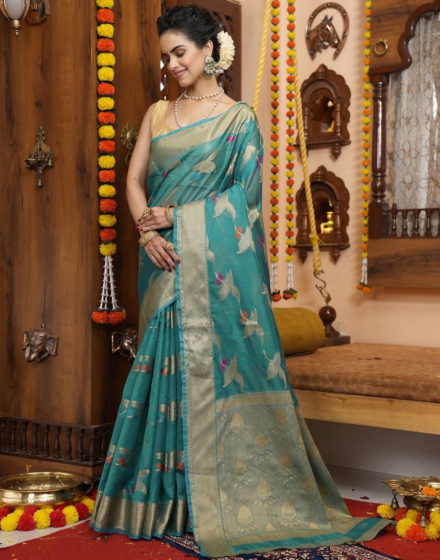 Rama Green Banarasi Silk Saree | Leemboodi
