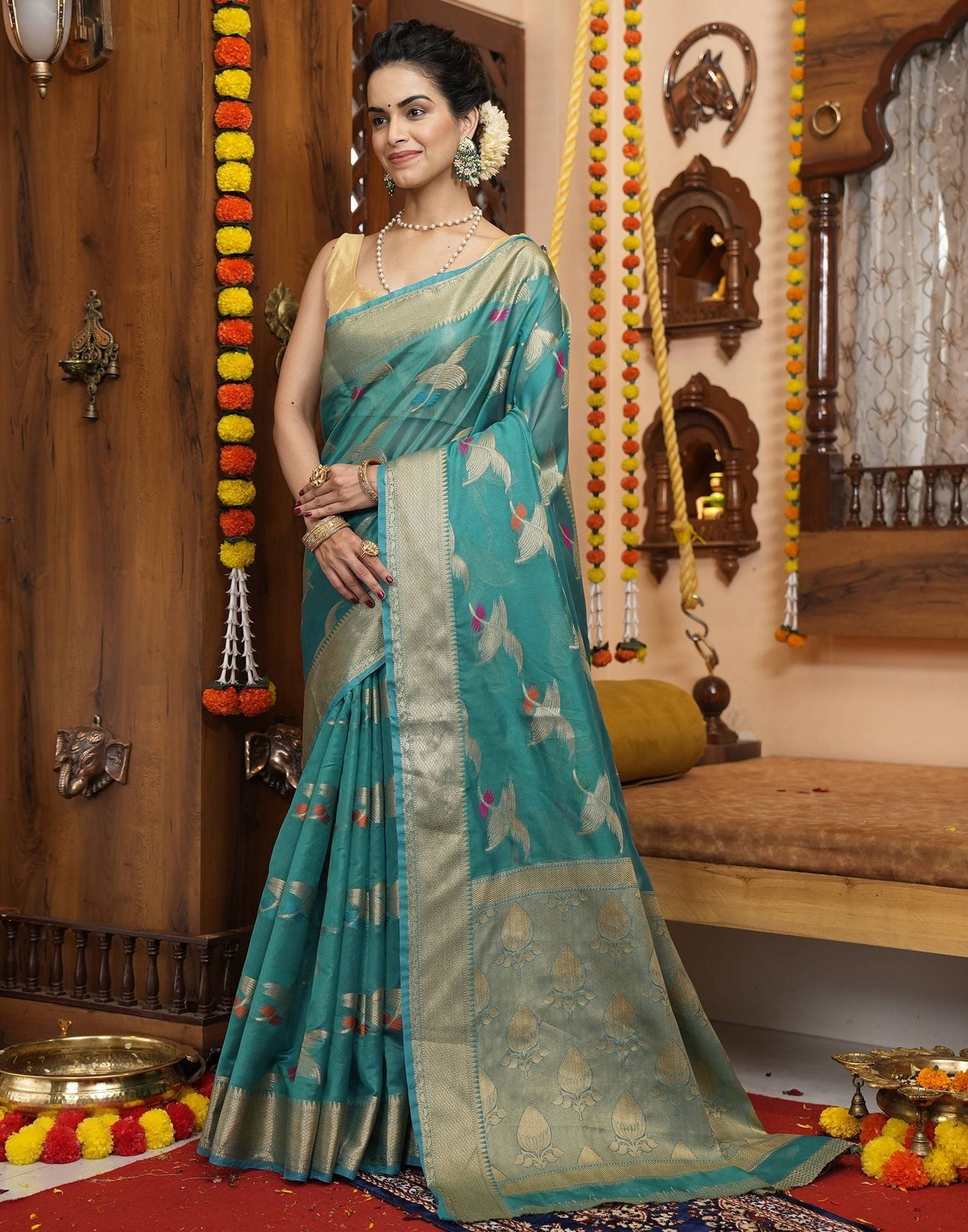 Rama Green Banarasi Silk Saree | Leemboodi