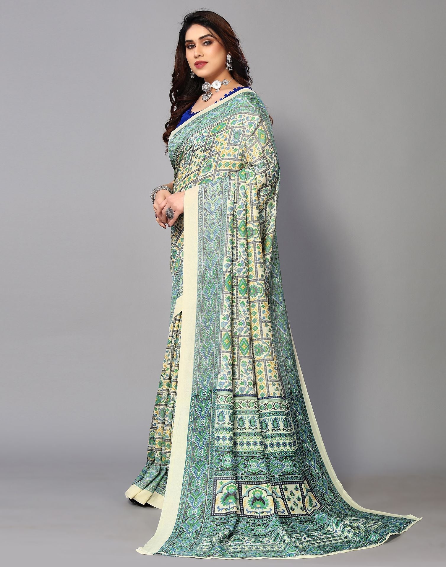 Cream Printed Saree | Sudathi