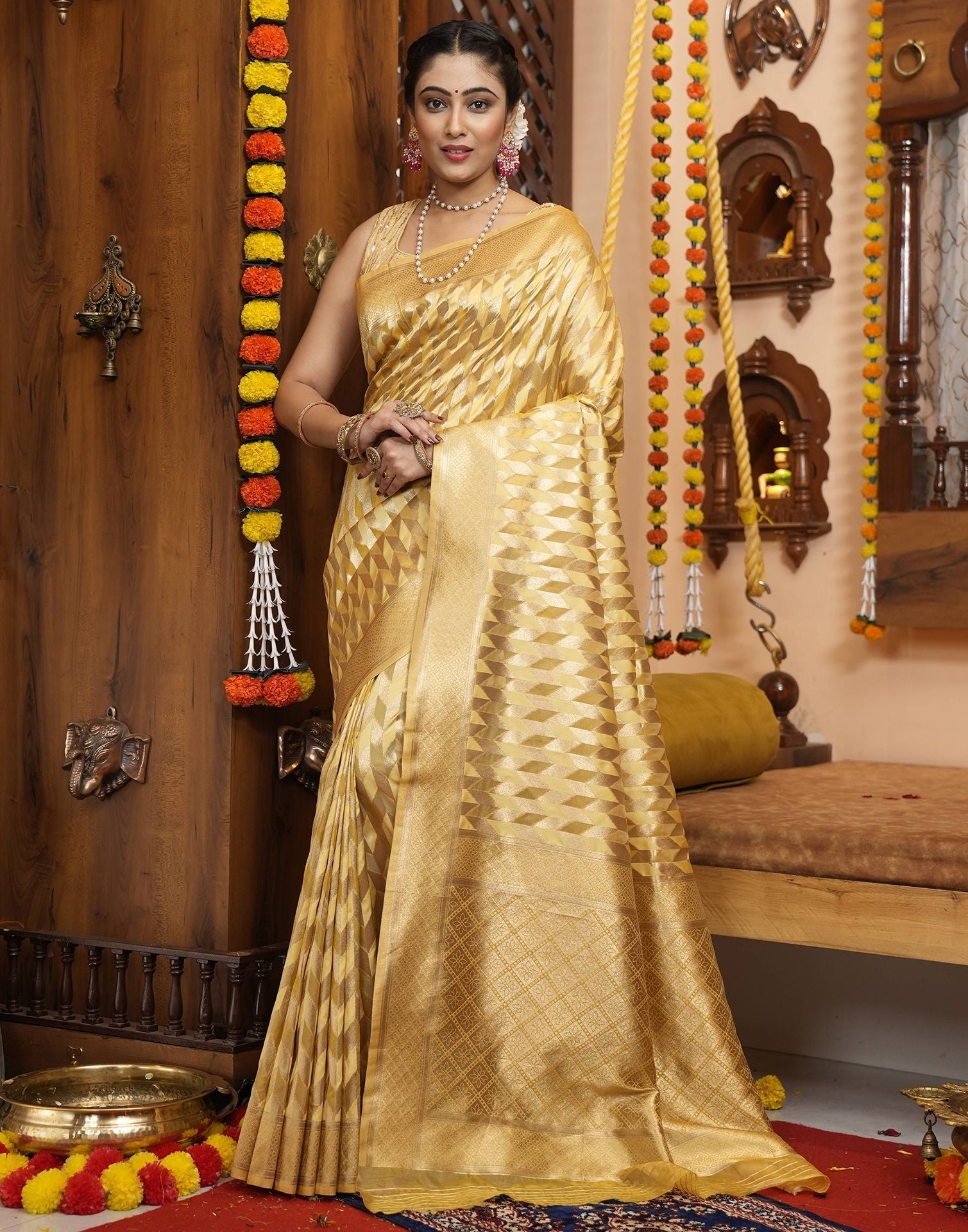 Yellow Banarasi Silk Saree | Leemboodi