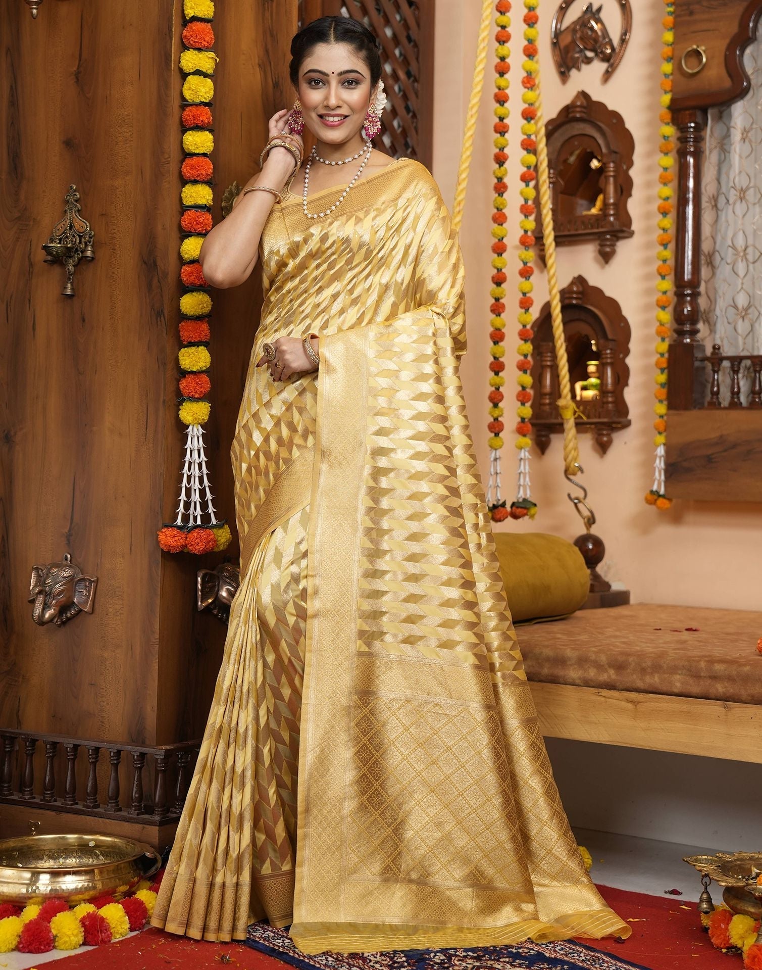 Yellow Banarasi Silk Saree | Leemboodi