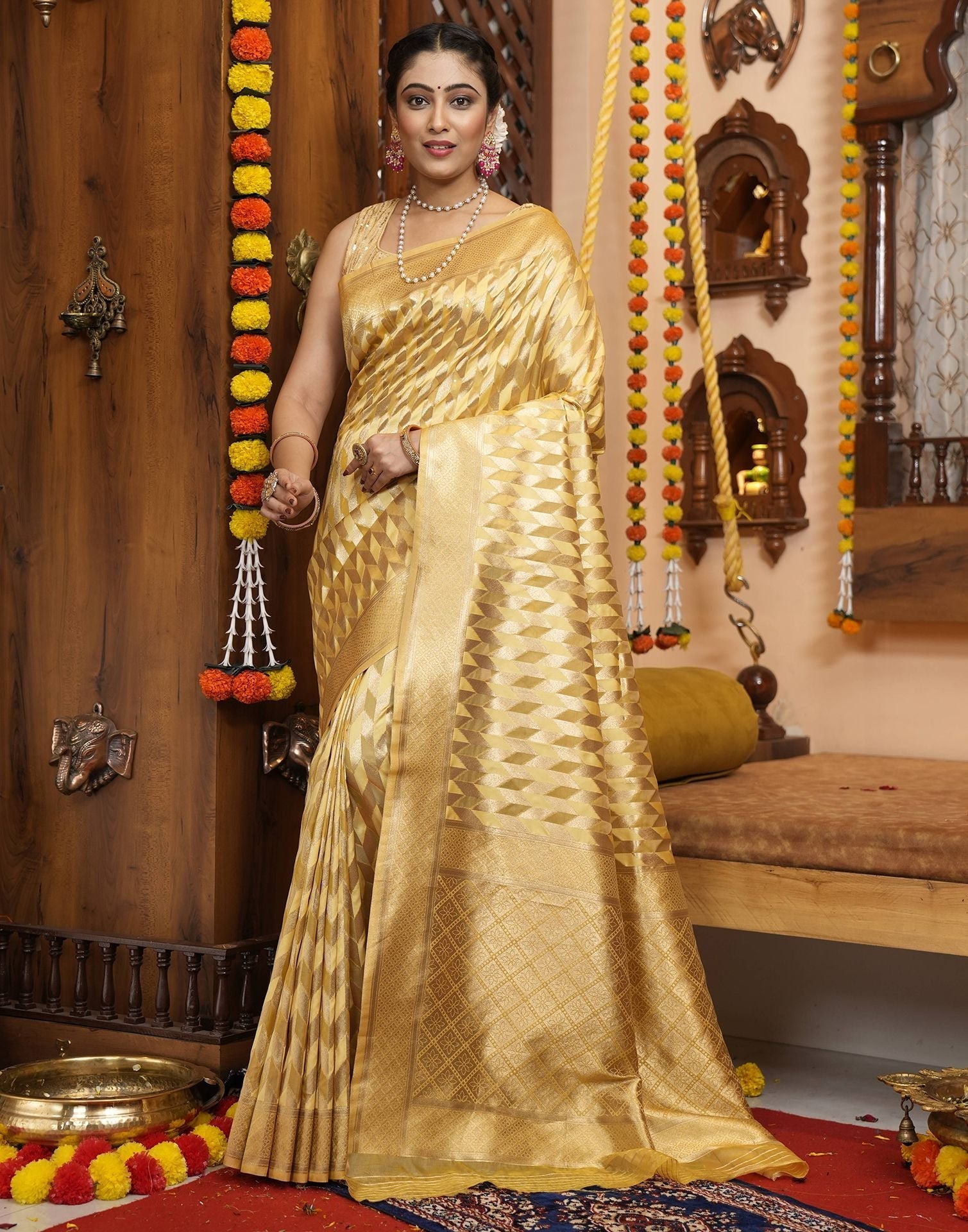 Yellow Banarasi Silk Saree | Leemboodi