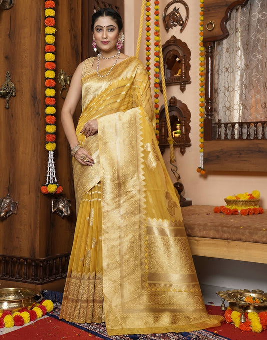 Yellow Banarasi Silk Saree | Leemboodi