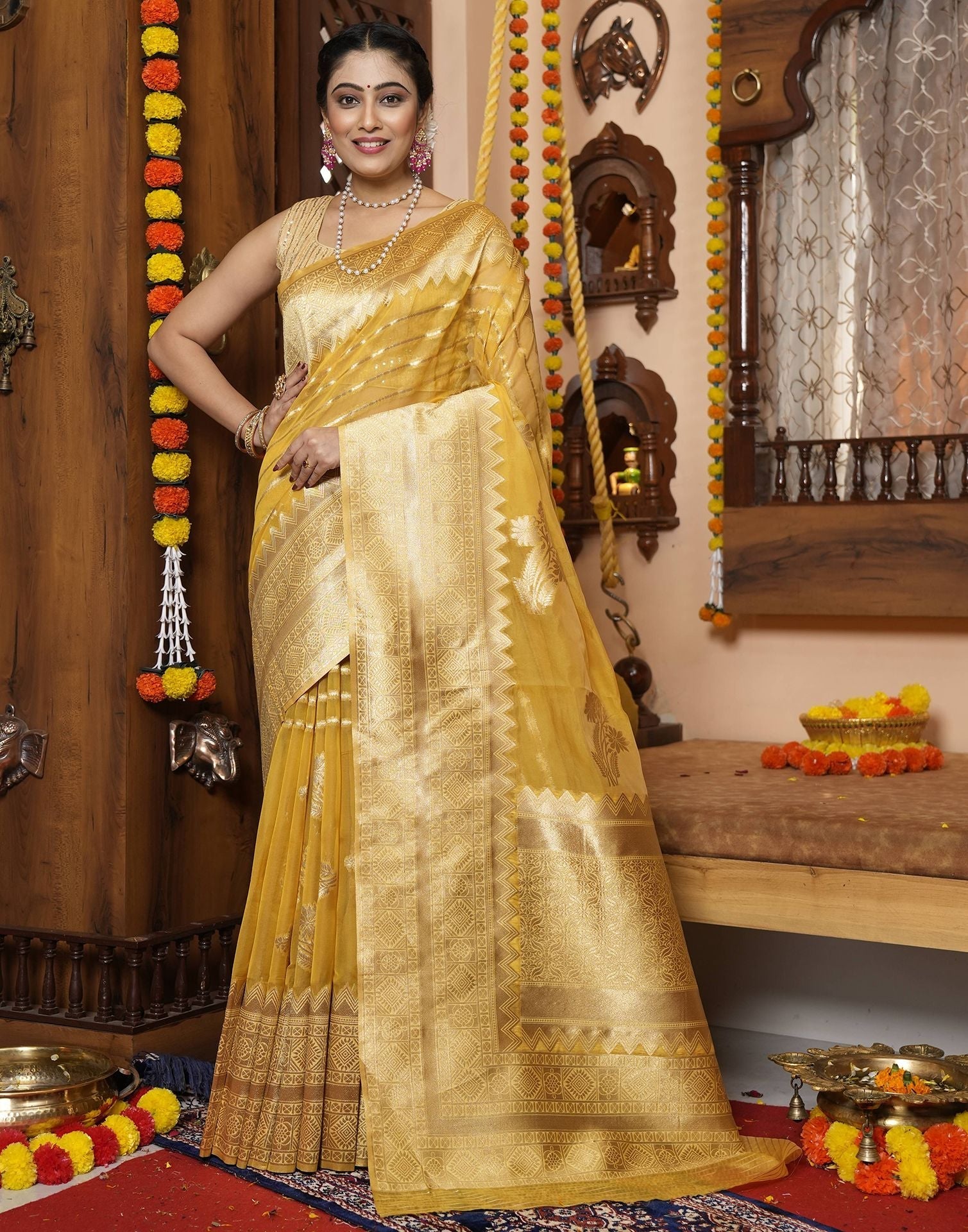 Yellow Banarasi Silk Saree | Leemboodi