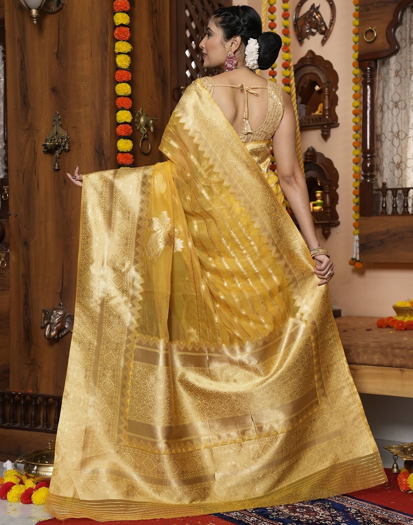 Yellow Banarasi Silk Saree | Leemboodi