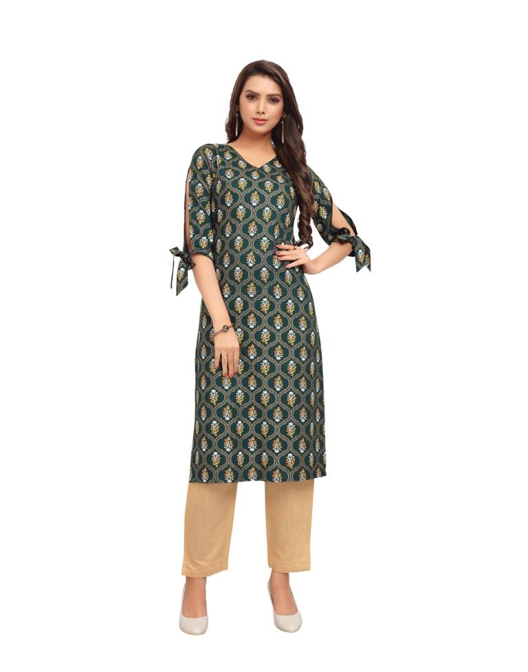 Green Foil Printed Rayon Kurti | Sudathi