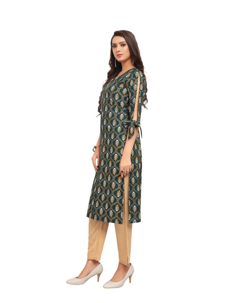 Green Foil Printed Rayon Kurti | Sudathi