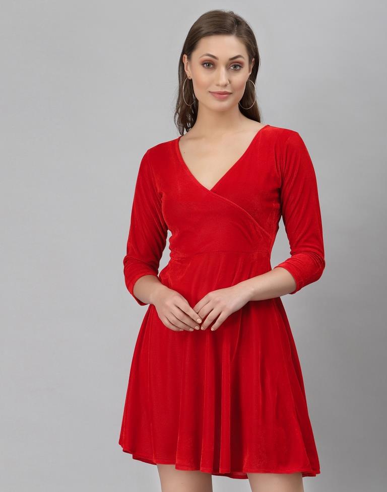 Red Coloured Velvet Lycra Plain Dress | Sudathi