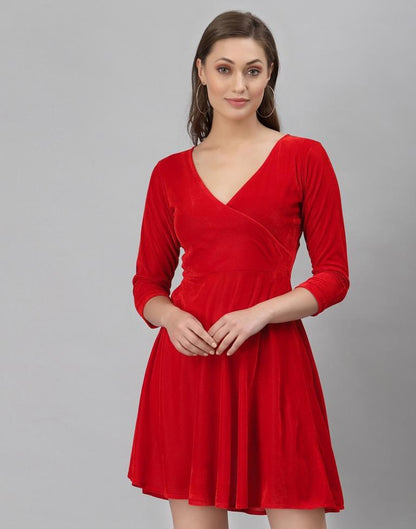 Red Coloured Velvet Lycra Plain Dress | Sudathi