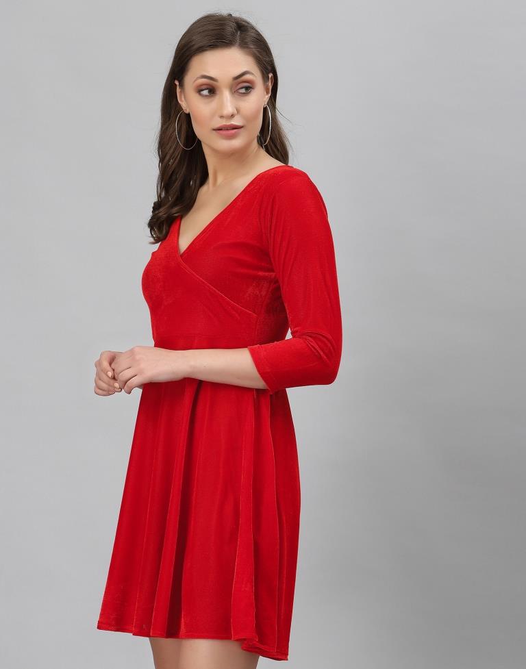 Red Coloured Velvet Lycra Plain Dress | Sudathi