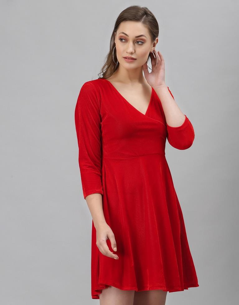 Red Coloured Velvet Lycra Plain Dress | Sudathi