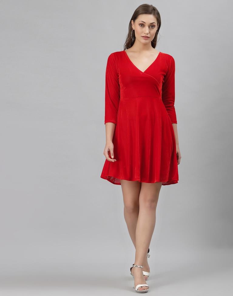 Red Coloured Velvet Lycra Plain Dress | Sudathi