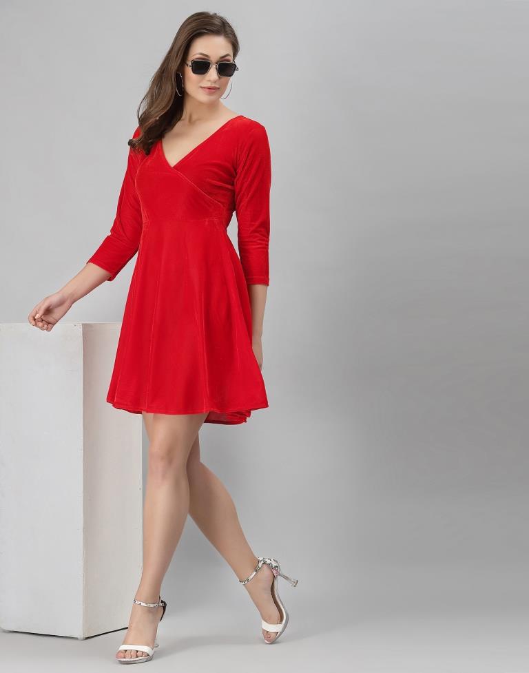 Red Coloured Velvet Lycra Plain Dress | Sudathi