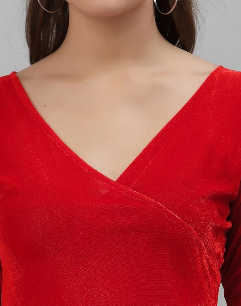 Red Coloured Velvet Lycra Plain Dress | Sudathi