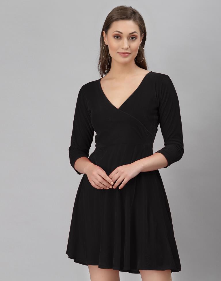 Black Coloured Velvet Lycra Plain Dress | Sudathi