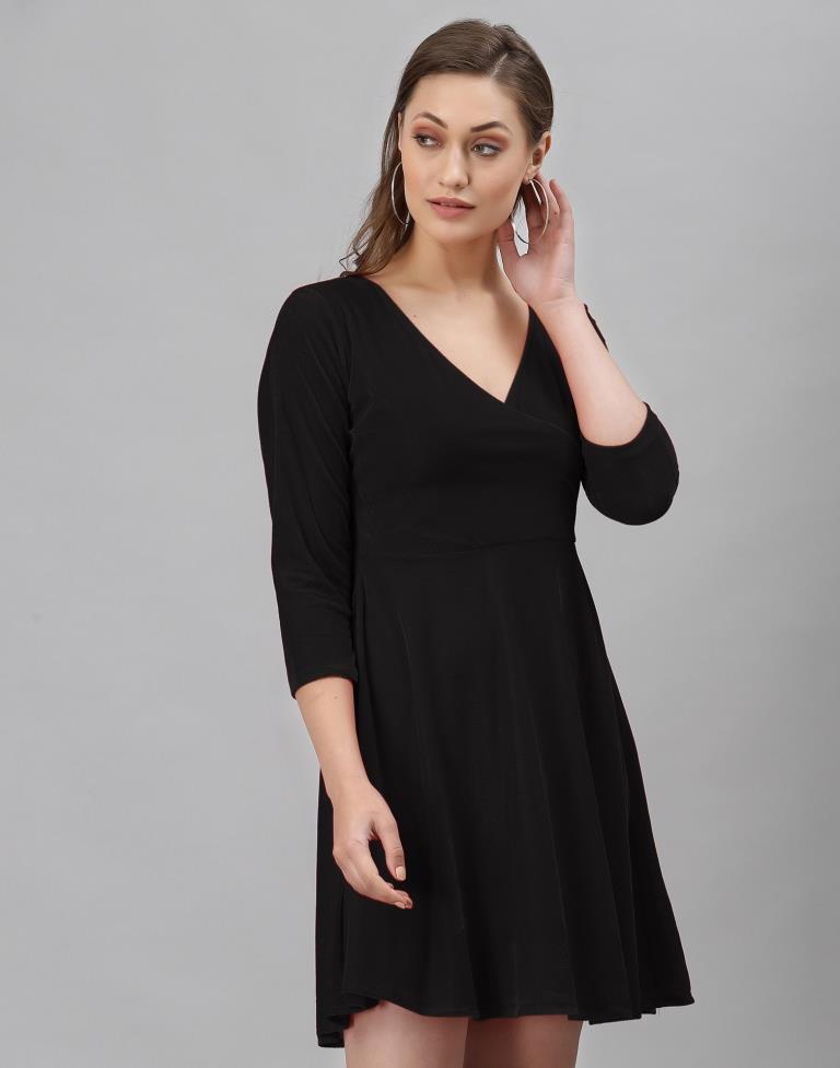 Black Coloured Velvet Lycra Plain Dress | Sudathi